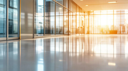 Fototapeta premium Warm sunlight illuminates a long, empty corridor in a modern office building, reflecting off the polished floor and glass surfaces, creating a bright and spacious atmosphere