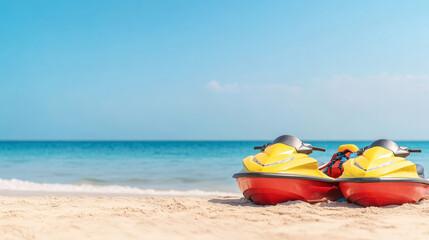 Obraz premium Two brightly colored jet skis are parked on a sandy beach, with helmets and life jackets neatly arranged beside them, ready for an exhilarating ride on the clear blue water under the summer sky
