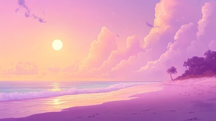 Pastel Sunset Over a Tranquil Tropical Beach Scene