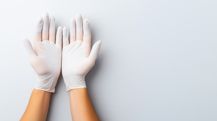 Obraz premium Surgeon adjusting surgical gloves on a sterile background, ensuring a perfect fit for precise medical procedures in the operating room while maintaining high standards of hygiene and safety