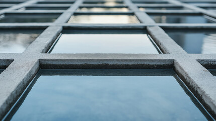 Geometric concrete basins reflecting skylight, creating angular patterns in water treatment facility, representing contemporary industrial architectural approach with grey-blue tones