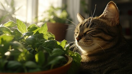 Cat naps near sunlit basil plants
