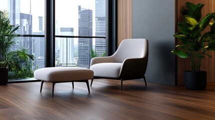 Modern armchair and ottoman near window overlooking city