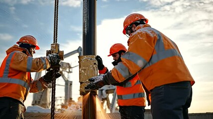 Team of Oil Workers Lifting Heavy Equipment on Job Site