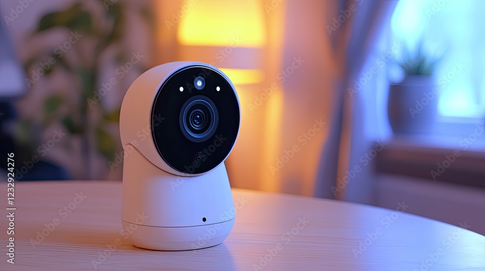 Poster white smart home security camera on table