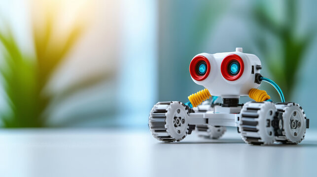 Partially assembled robotic toy kit with visible gears and wires, showcasing STEM education and robotics for children in a bright, playful setting, inspiring future innovators