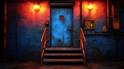 Urban Blue Doorway, Night, Alley, Red Lights, Film Noir, Background