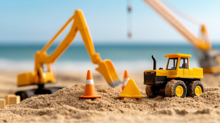 Miniature excavator, dumper truck, and crane toys are placed on a sandy beach with traffic cones, creating a playful construction scene with a blurred ocean background