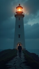 A serene evening scene featuring a majestic lighthouse, guiding the way through dark clouds. Perfect for themes of navigation, hope, and safety.
