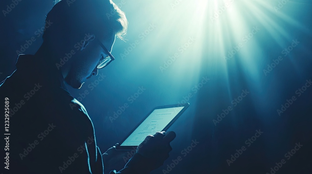 Aufkleber Man Reviewing Data on a Tablet Device in Dim Light