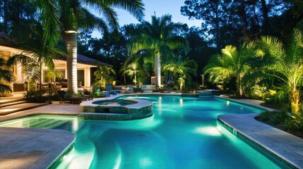 Luxurious Backyard Pool and Spa at Night