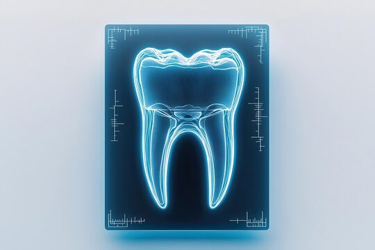 Illustration of a glowing blue tooth with measurement markings.