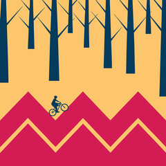 Vibrant Surreal Cycling Scene with Abstract Trees and Colorful Zigzag Patterns