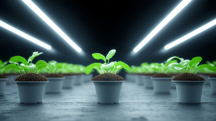 Neat rows of small pots filled with soil and healthy seedlings growing under bright led lights in a modern greenhouse, representing sustainable agriculture and advanced farming techniques