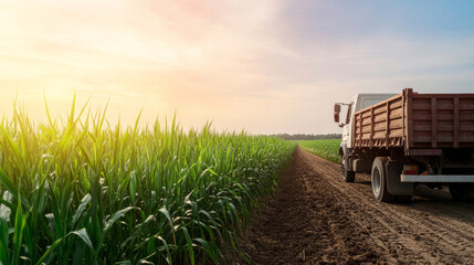 Wide-angle minimalist image featuring a modern agricultural truck parked in a sugarcane field, with rows stretching toward a setting sun, blending technology and nature