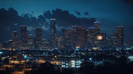 Obraz premium Houston Skyline at Night with City Lights and Fireworks Display