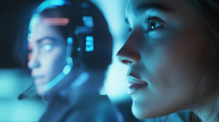 human call center agent and an AI assistant displayed on a floating holographic screen