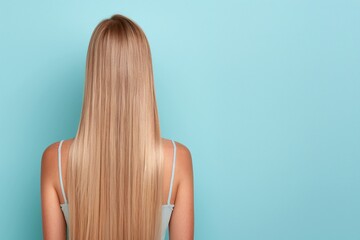 Obraz premium Back view of woman with long straight blonde hair, minimalistic background, copy space for text, smooth hair texture, pastel blue backdrop, beauty and haircare concept