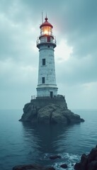 A serene lighthouse stands tall on a rocky shore, its beacon illuminating the calm waters below, symbolizing guidance and safety in maritime navigation.