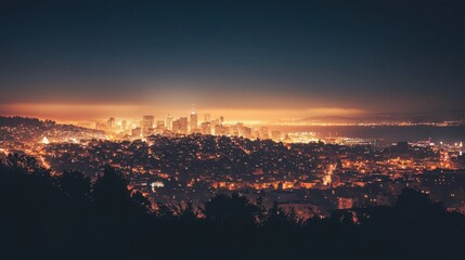 Nighttime Cityscape View of Illuminated Buildings and Skyline