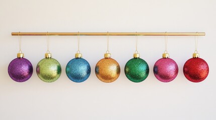 Set of colorful Christmas ornaments hanging from a rod on a wall, featuring a mix of gold, silver, purple, red, blue and green finishes.