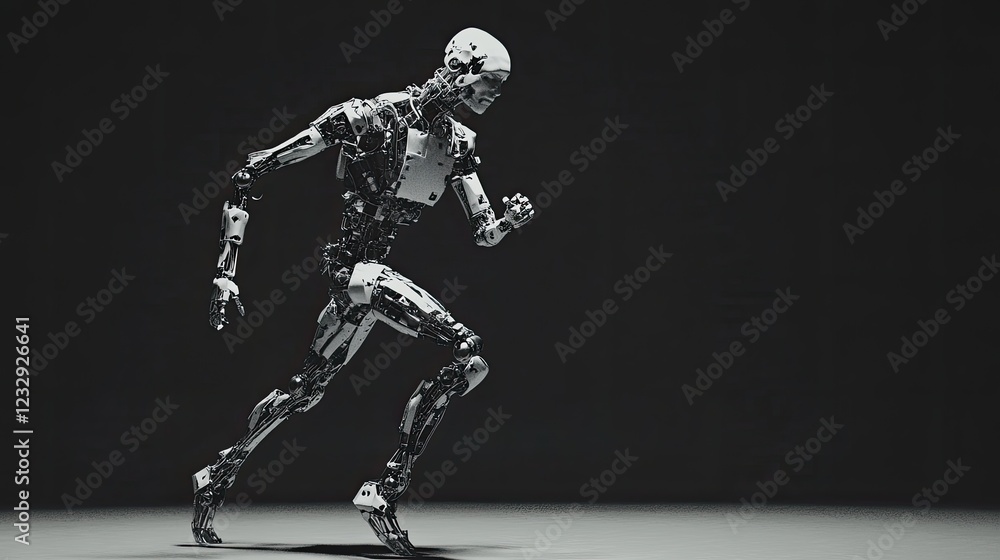 Poster a metallic robot runs across a dark floor