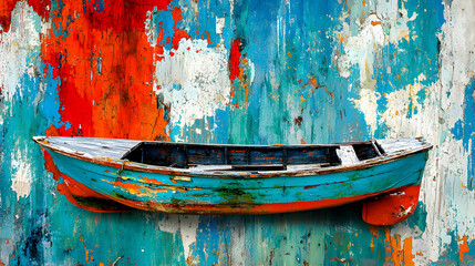 Weathered boat against vibrant painted wall, coastal scene, art