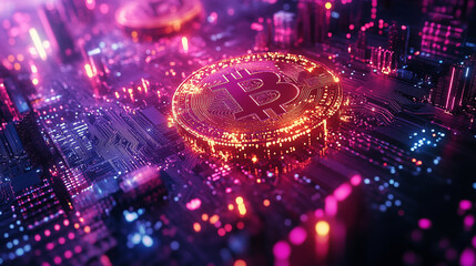 Digital cryptocurrency coin glowing on circuit board with purple and blue neon lights, futuristic financial technology concept
