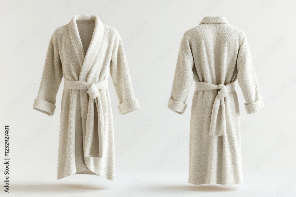Poster soft white bathrobe displayed from multiple angles in a minimalist setting