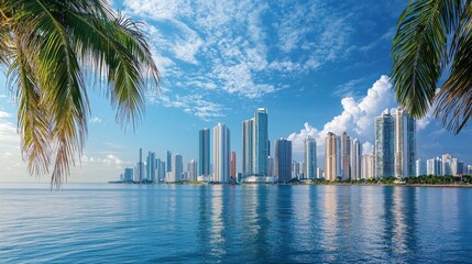 Naklejka premium Stunning Coastal City Skyline with Calm Waters and Palm Trees