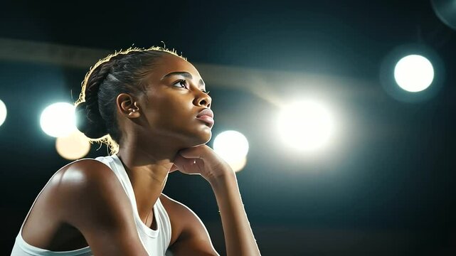 Tennis Player Reflecting During Break Under Stadium Lights