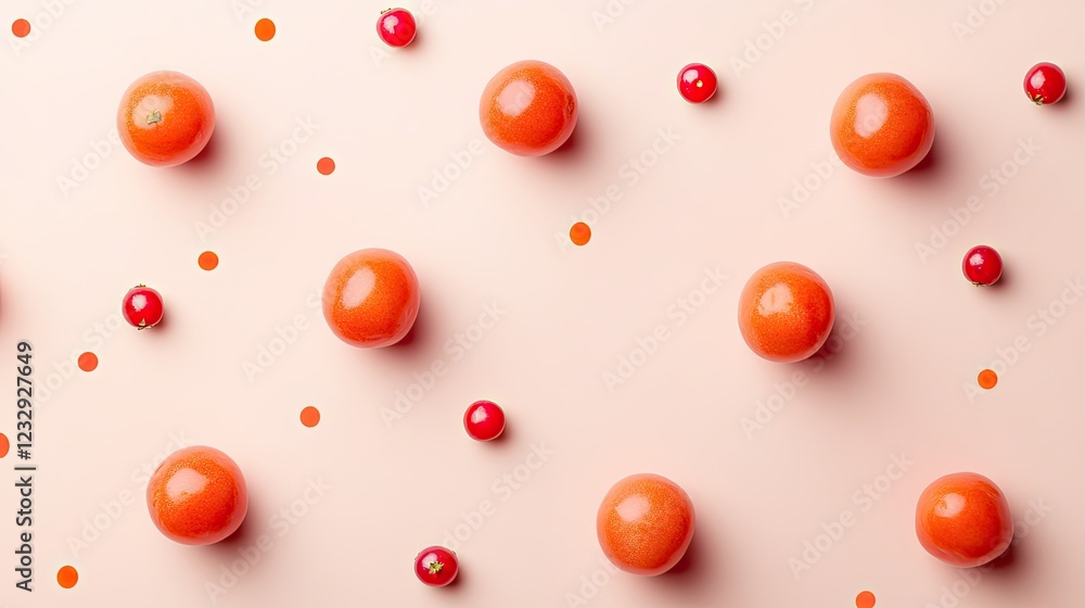 Poster oranges and red currants arranged on pink background