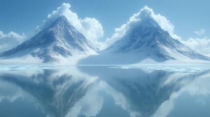 Serene twin snow-capped mountains reflecting in a tranquil lake under a clear blue sky
