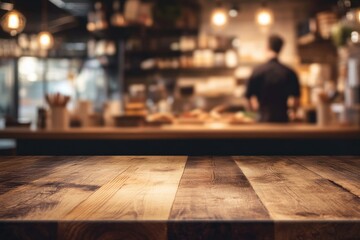 Rustic Wooden Tabletop with Blurred Coffee Shop Background