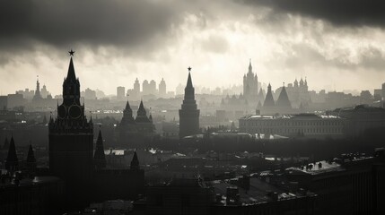 Fototapeta premium Dramatic Silhouette of Moscow Cityscape with Clouds and Towers