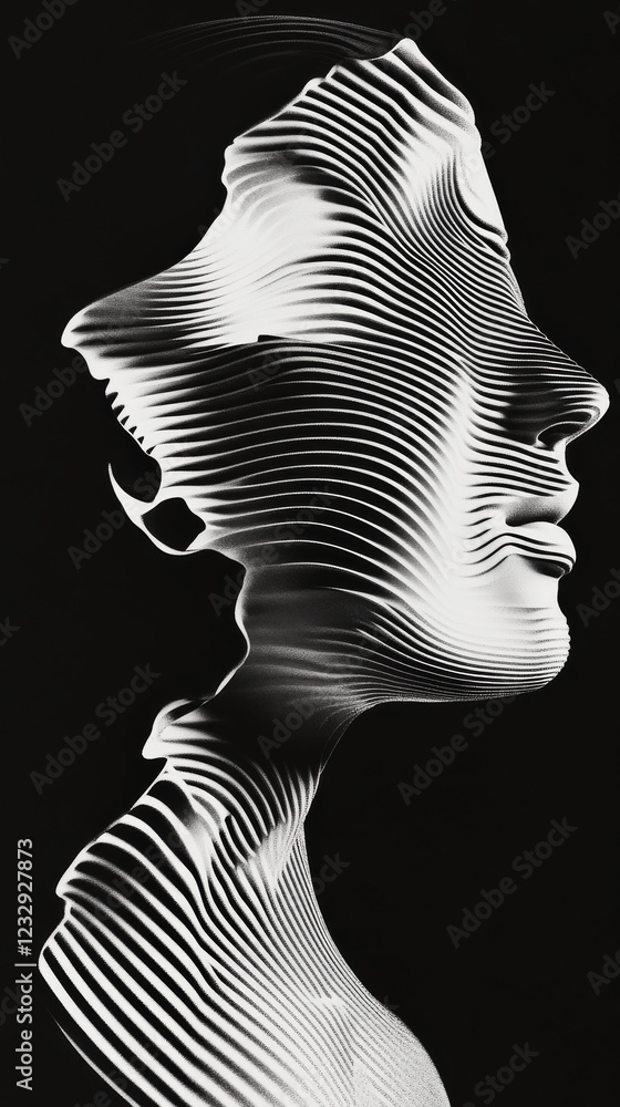 Poster modern abstract sculpture with flowing lines and intricate texture displayed against a white backgro