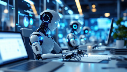 Futuristic Robots Working in a Modern Office