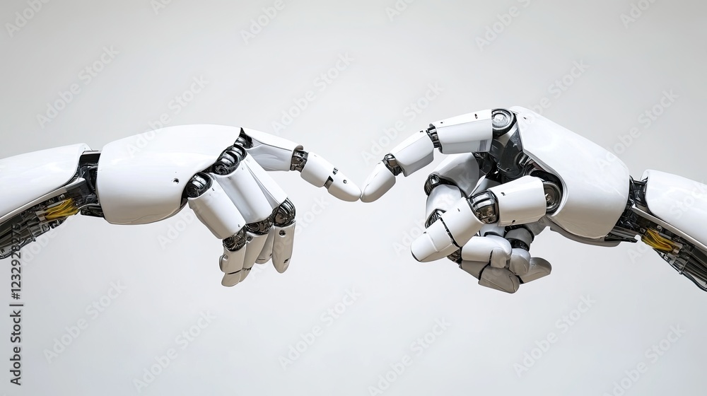 Poster two robotic arms reach out in a simulated connection