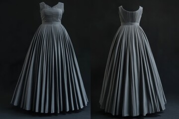 Elegant gray pleated gown displayed on a dark background for fashion showcase event