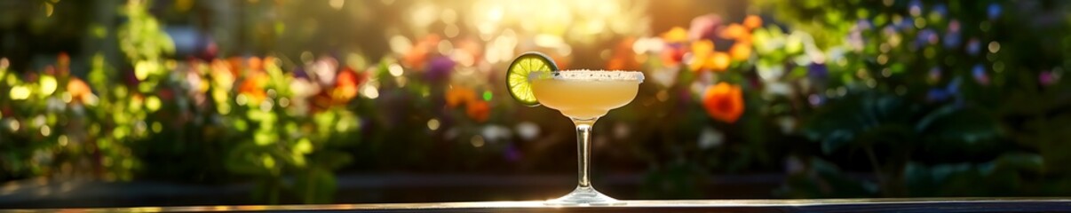 A Serene Margarita Cocktail Rests in Garden Bloom