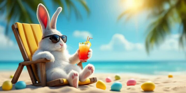 Relaxing bunny enjoys sunny beach while sipping colorful drink under palm tree