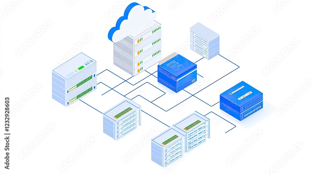 Poster cloud based server network infrastructure diagram illustration