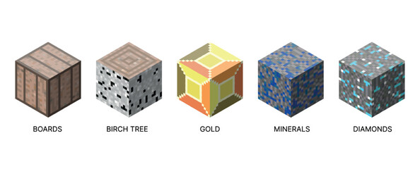 Isometric set of cubic blocks. Pixel style and bright textures are perfect for games, apps and creative projects