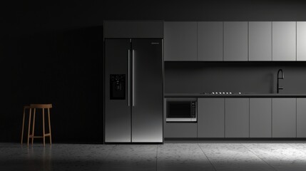 A kitchen with a stainless steel refrigerator and microwave