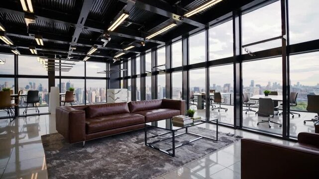 A sleek, modern office space bathed in natural light, featuring floor-to-ceiling glass windows that offer a panoramic view of the city skyline. 