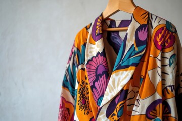 Colorful floral patterned garment displayed on a hanger against a textured wall background in a well-lit room