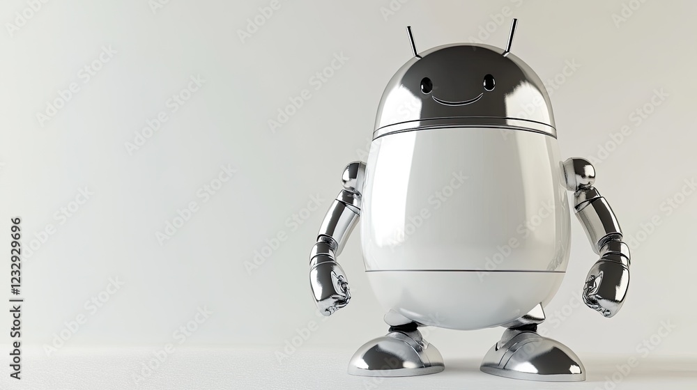 Poster a happy chrome robot stands on a white surface