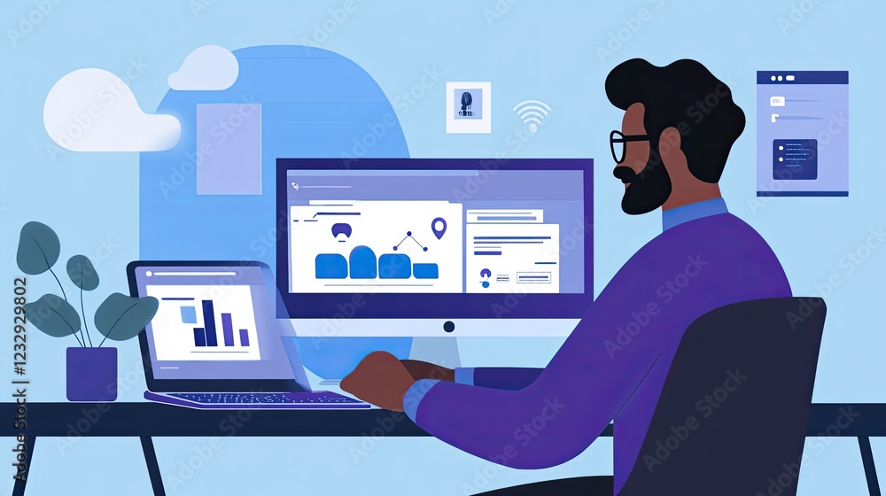 Poster Man Working Remotely With Data Analytics On His Computer