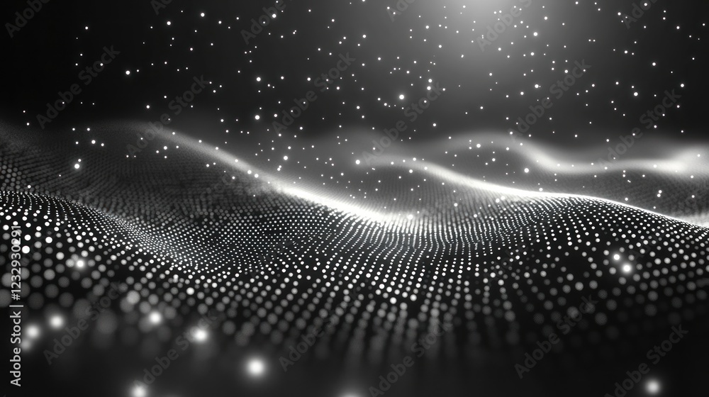 Poster abstract dark gray wave background with glowing particles.