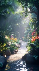 Obraz premium A Serene Stream Flows Through Lush Tropical Paradise